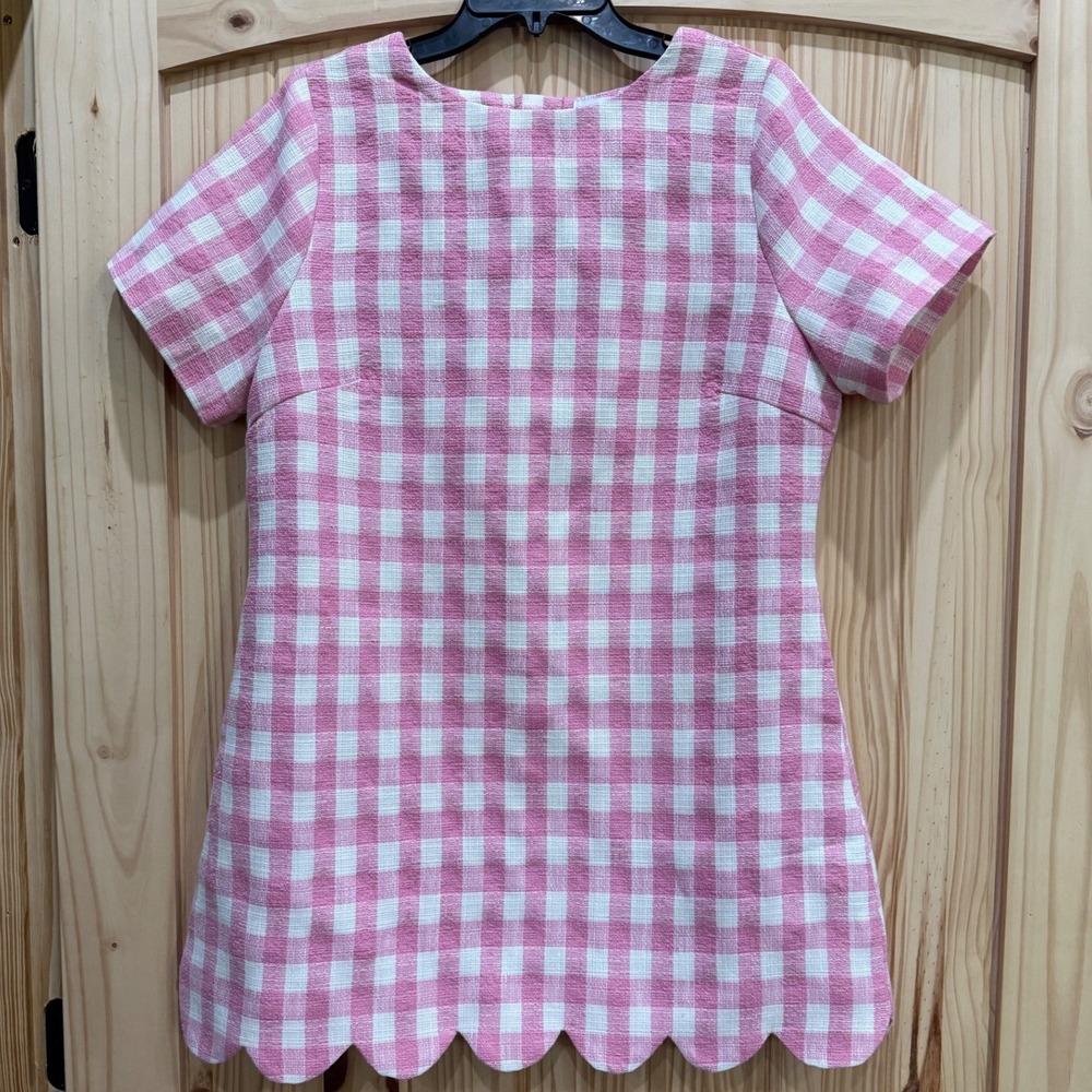 Mable Pink Gingham Scalloped Hem Mini Dress MD5410 Short Sleeve Tweed Check